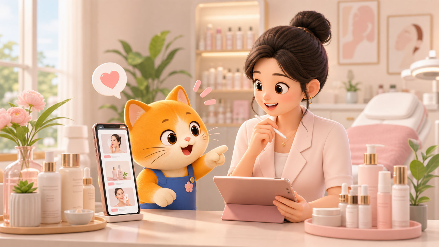 美业健康门店使用懒猫AI自运营准备科普内容的可爱插画