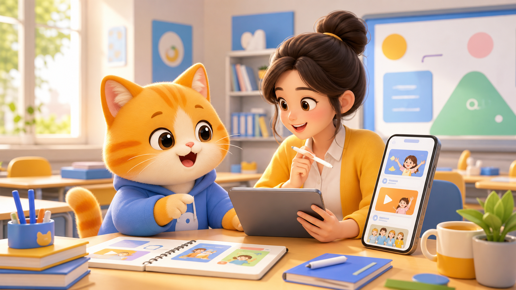 教育培训机构使用懒猫AI自运营准备招生活动内容的可爱插画