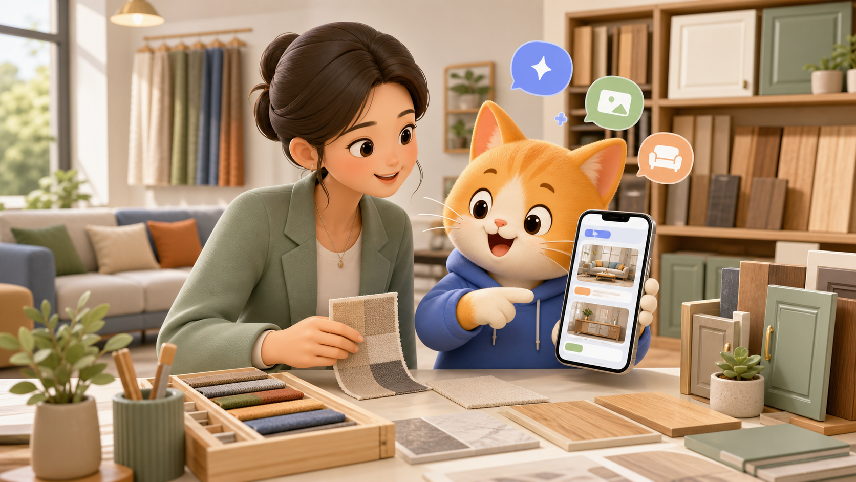 家居建材企业使用懒猫AI自运营准备产品内容的可爱插画