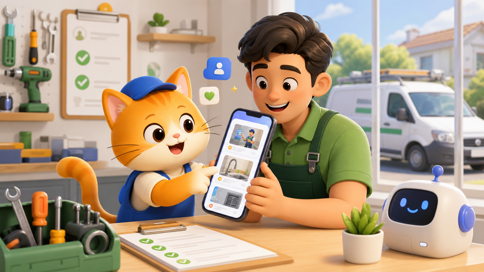 本地服务商家使用懒猫AI自运营整理服务案例的可爱插画